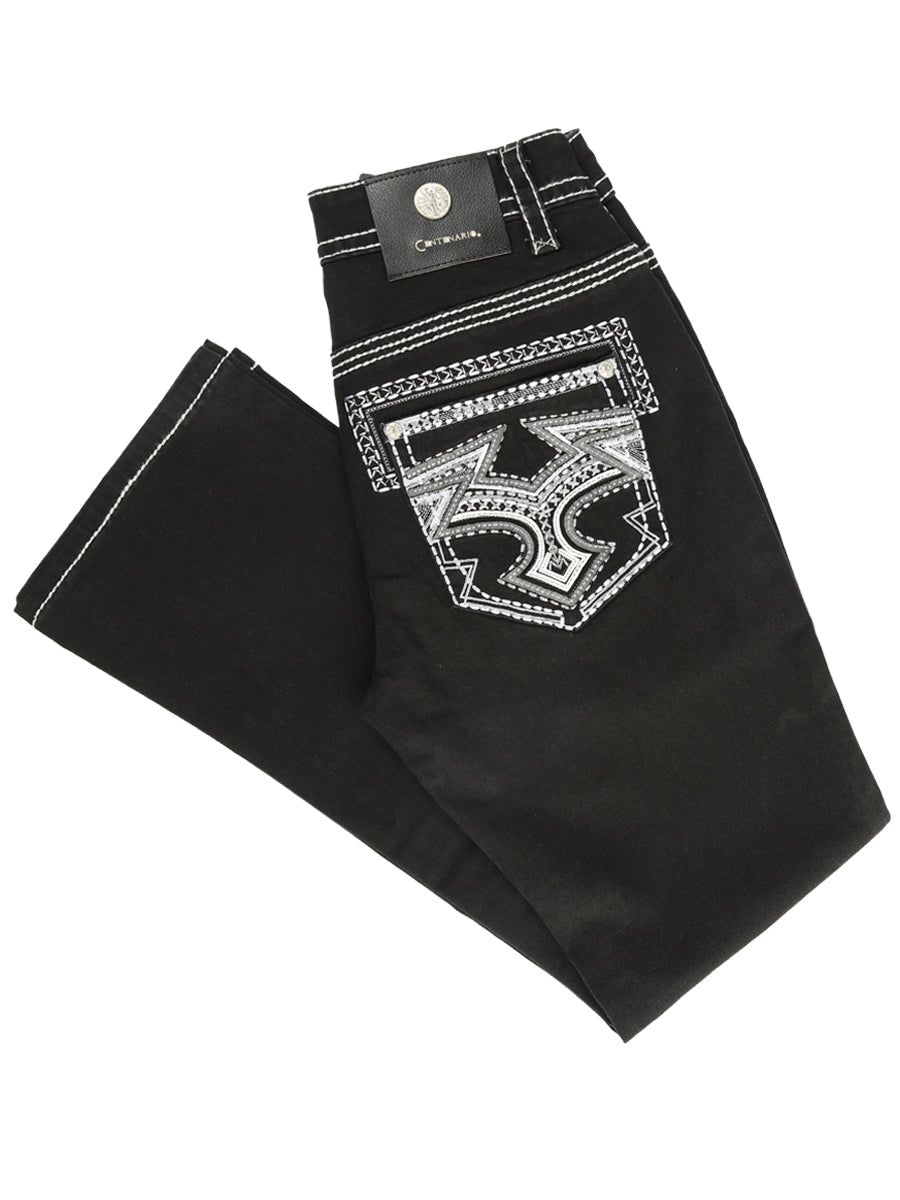 Centenario Men's Black Denim with White/Gray Embroidered Details