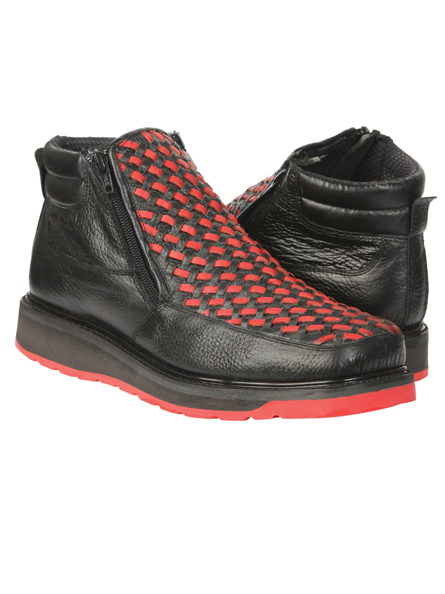 El General Men's Ankle Boots with Zipper Black/Red Petatillo Leather