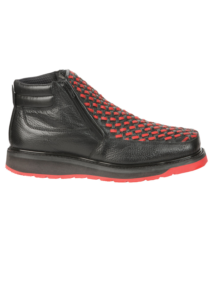 El General Men's Ankle Boots with Zipper Black/Red Petatillo Leather