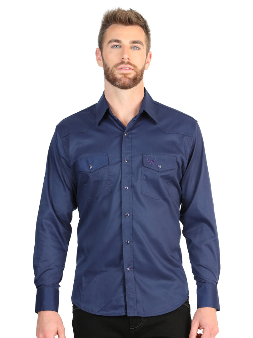 Men’s Long Sleeve Western Shirt Navy Blue Stretch