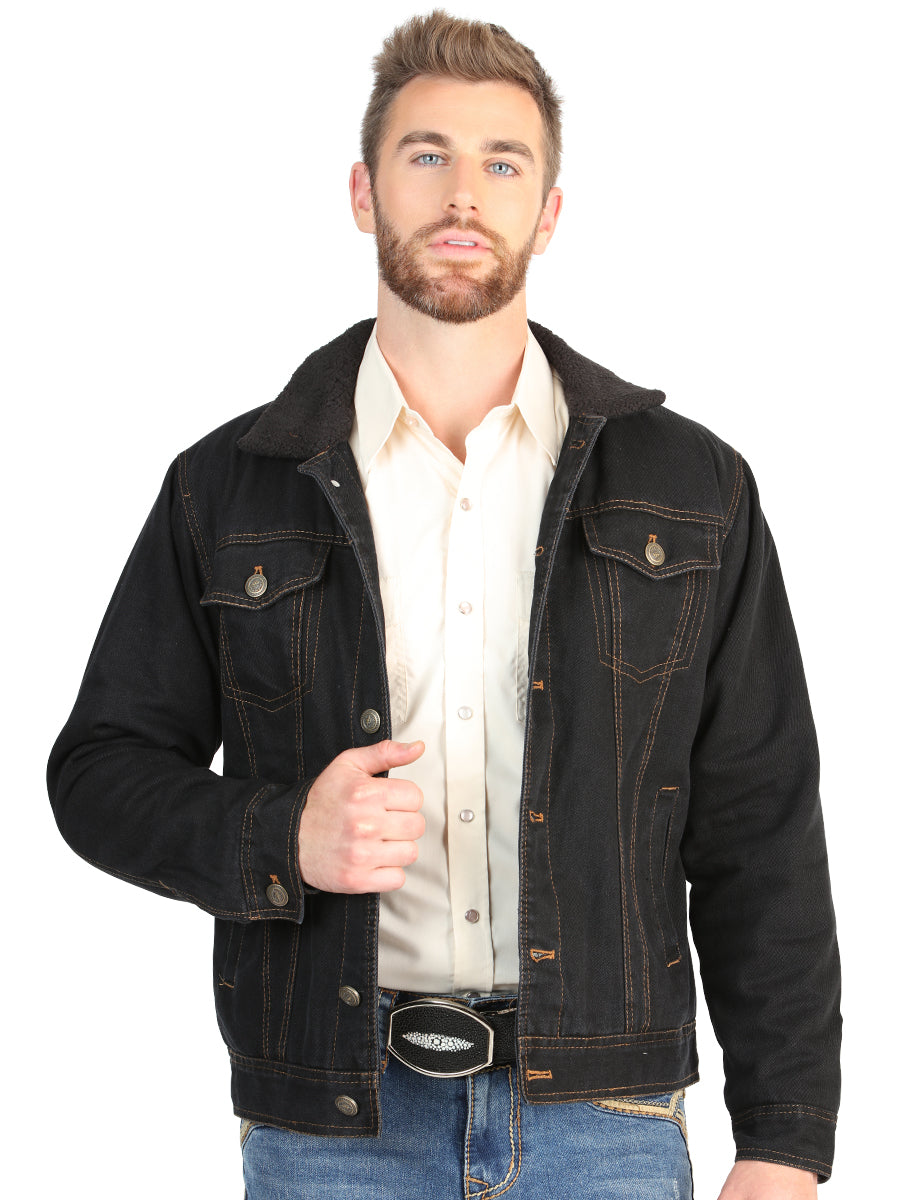 El General Men’s Black Denim Sherpa-Lined Jacket