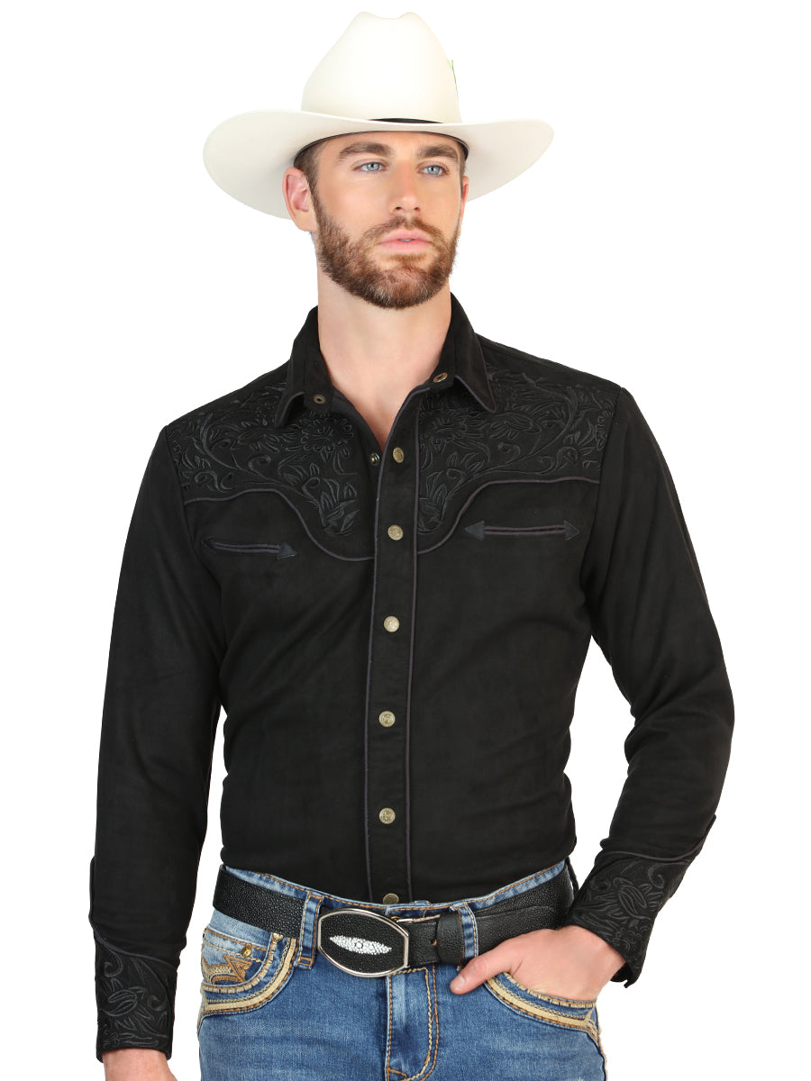 El General Men’s Long Sleeve Western Shirt - Black/Black Embroidery