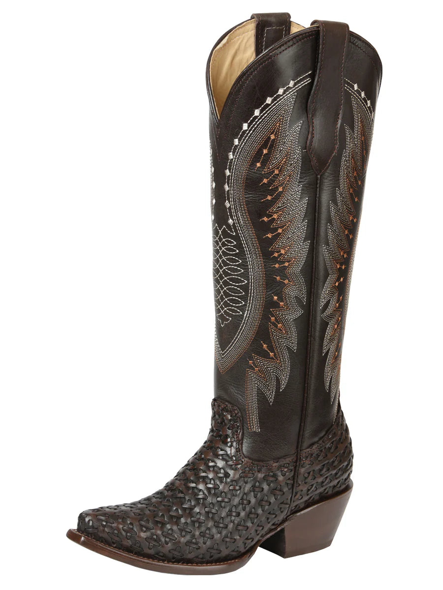 El General Women’s Embroidered Woven Pattern Tall Cowgirl Western Boots - Choco