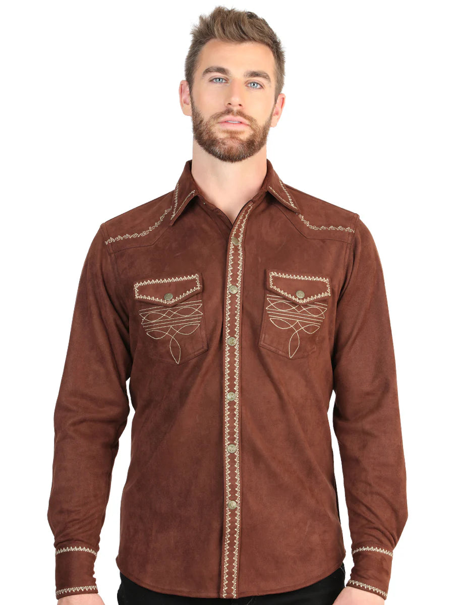 El General Men’s Slim Fit Long Sleeve Western Shirt Suede - Brown