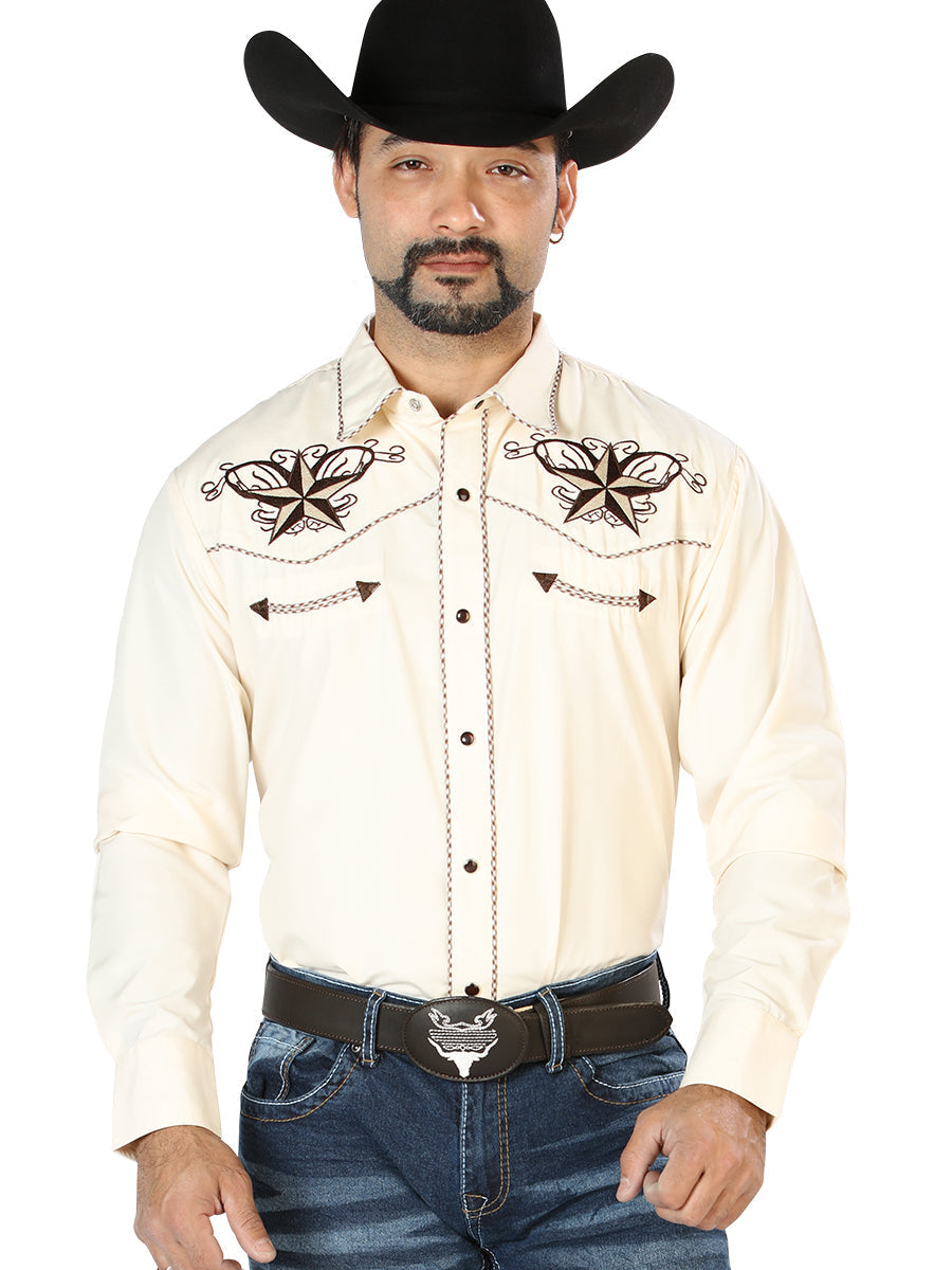 Camisa vaquera bordada beige/negra