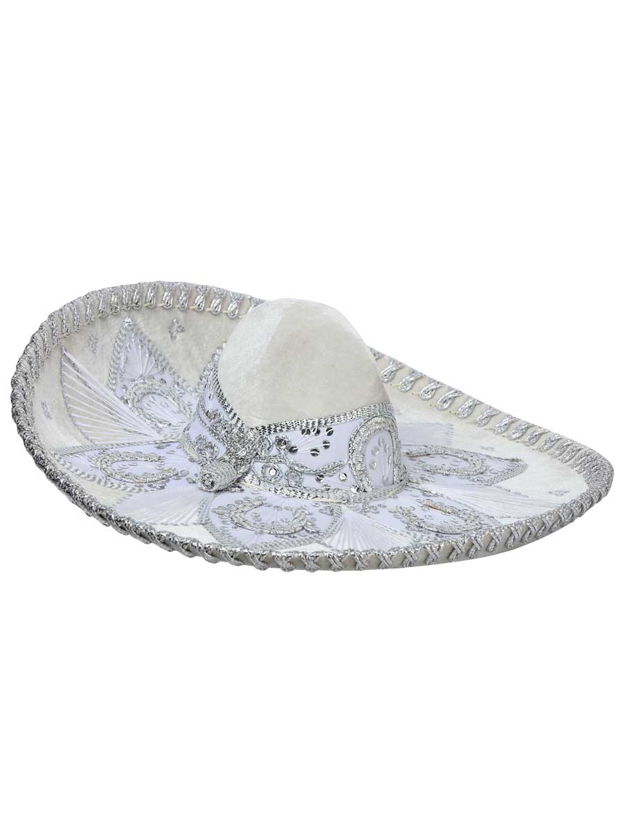 Sombrero Charro Artesanal Mexicano Terciopelo Blanco/Plateado