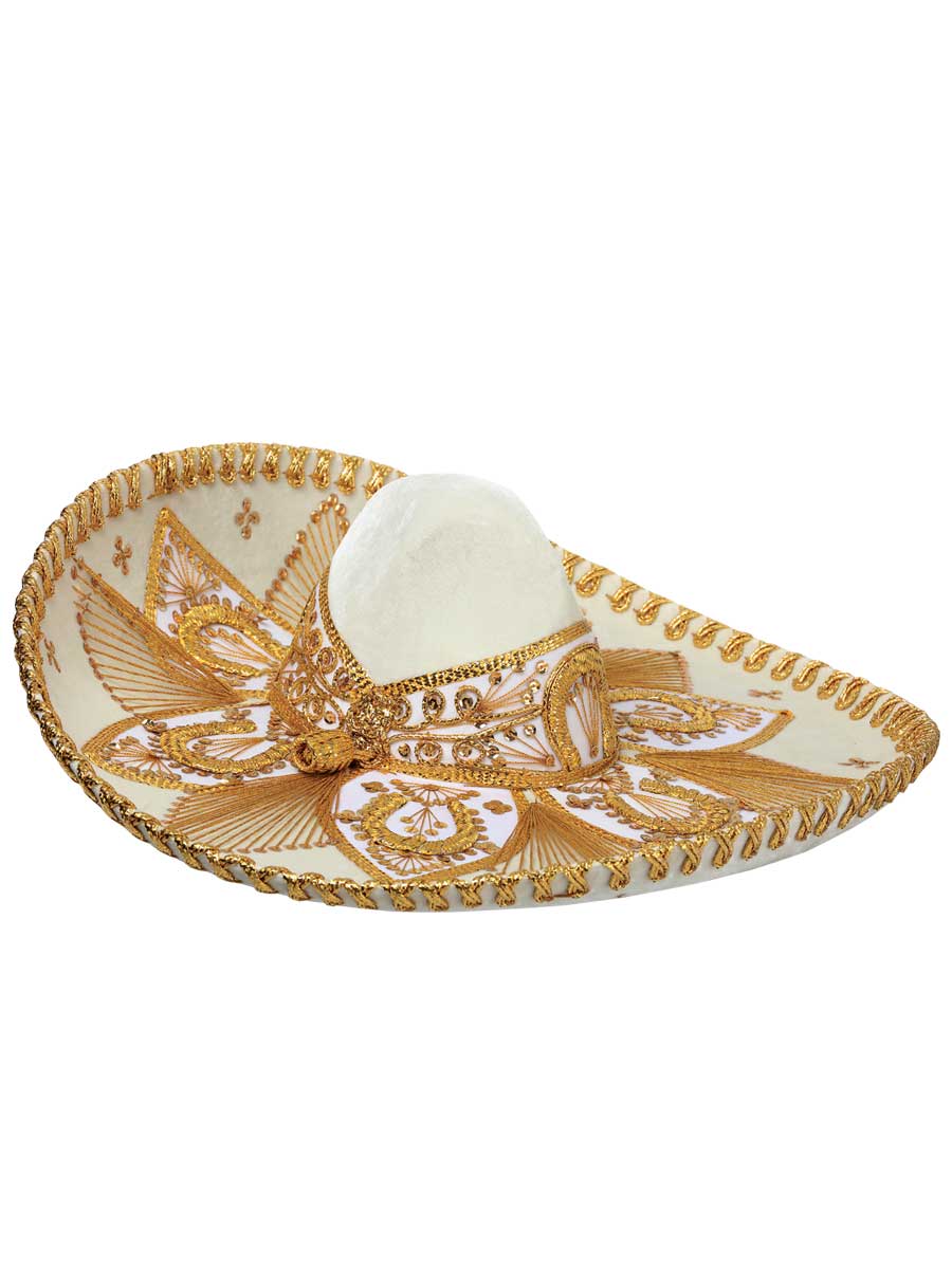 Mexican Artisanal Charro Hat Velvet Ivory/Gold
