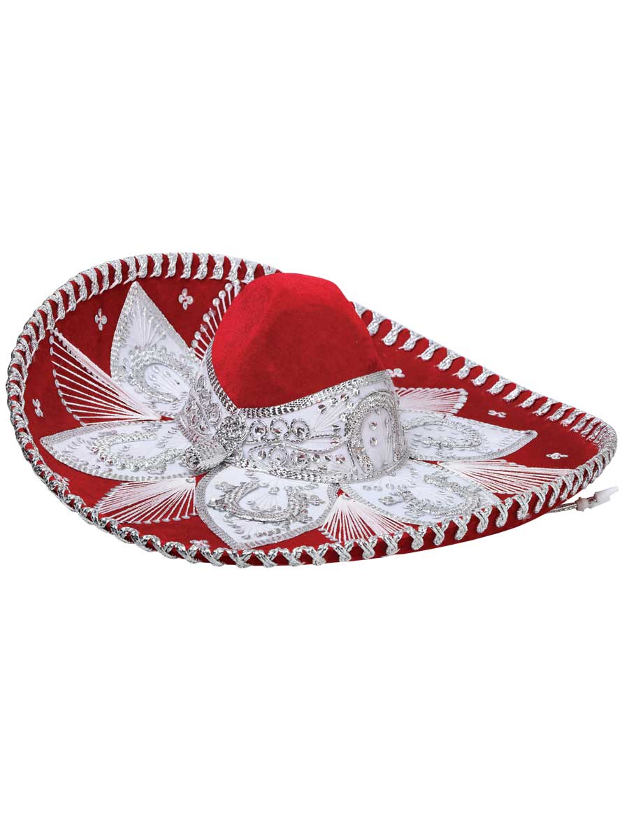 Sombrero charro artesanal mexicano de terciopelo rojo/plateado