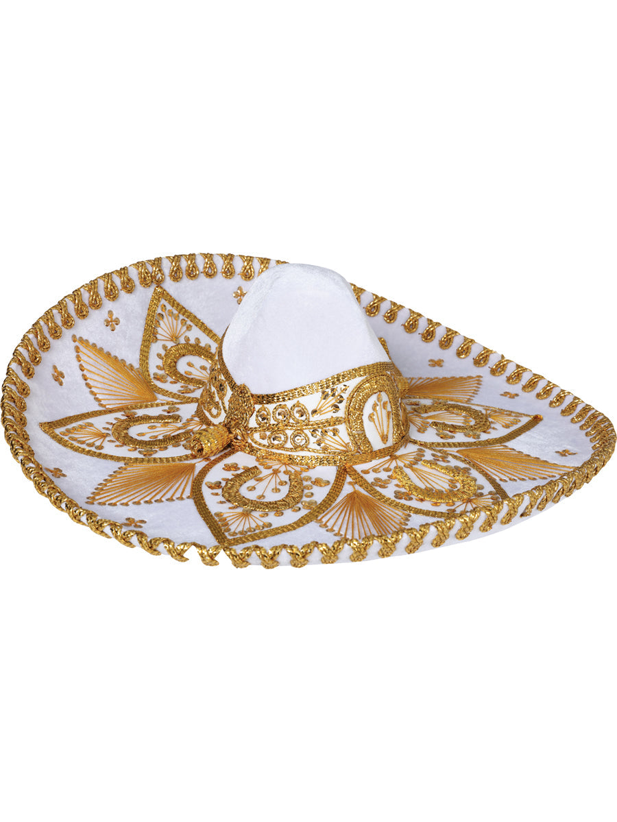Sombrero charro artesanal mexicano de terciopelo blanco/dorado