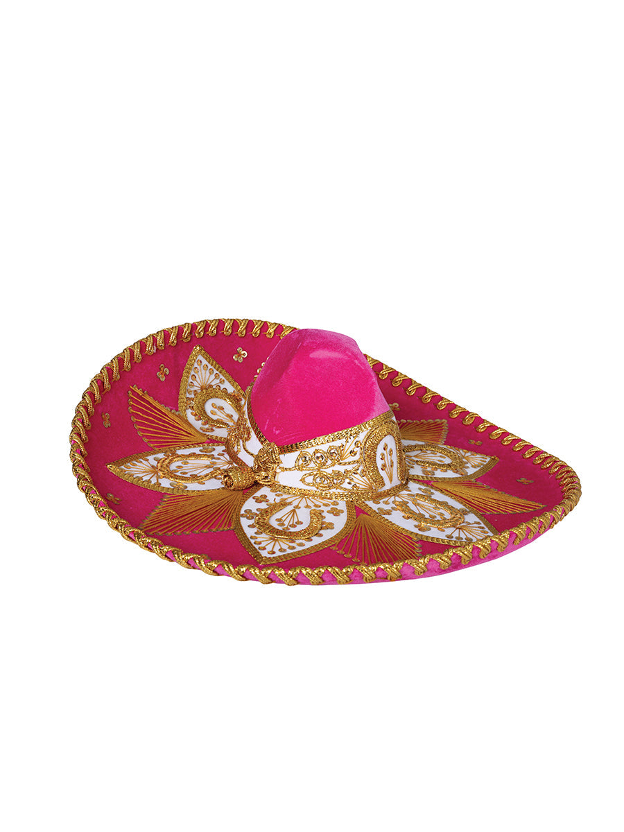 Sombrero Charro Artesanal Mexicano Terciopelo Fucsia/Dorado