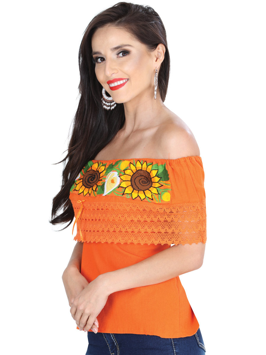 Artisanal Embroidered Blouse Cotton Polyester Orange