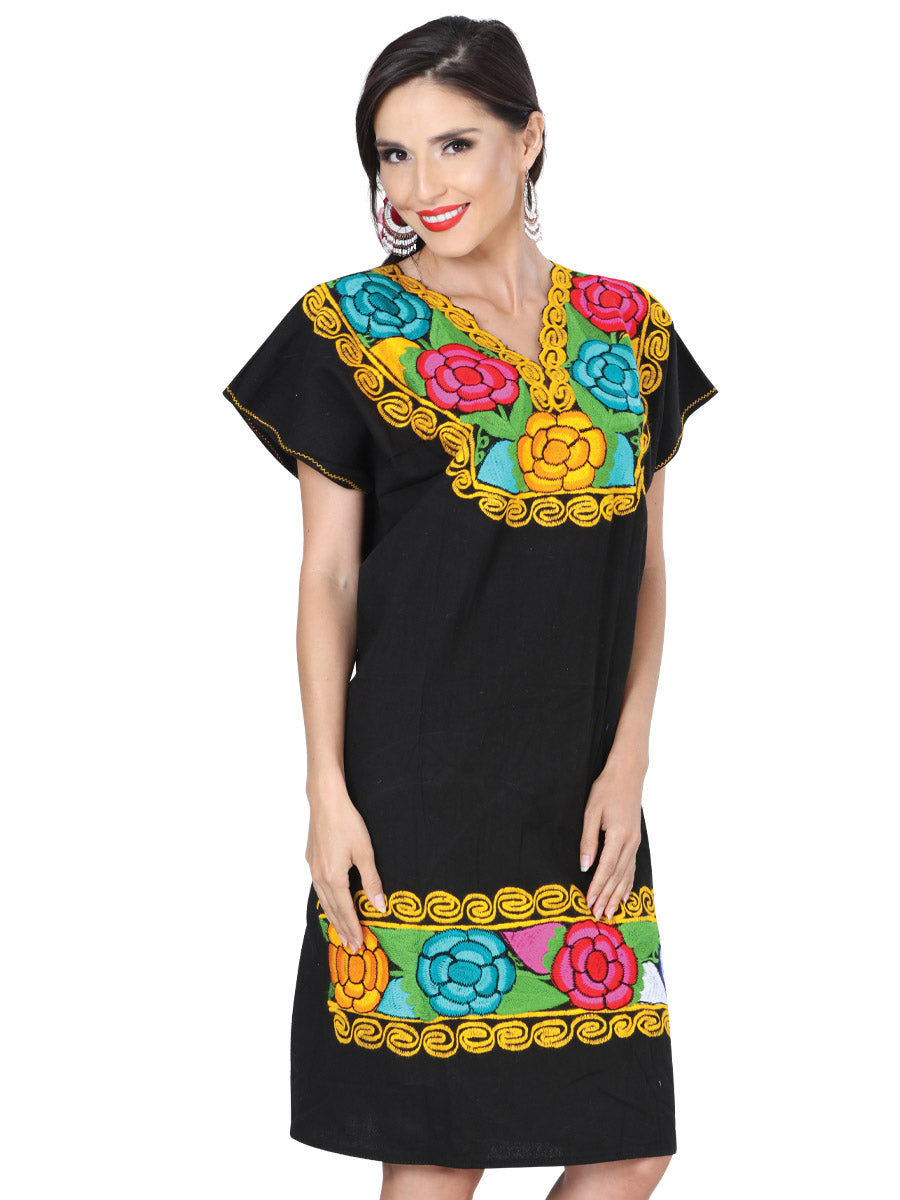Mexican Artisanal Embroidered Dress Black with flowers
