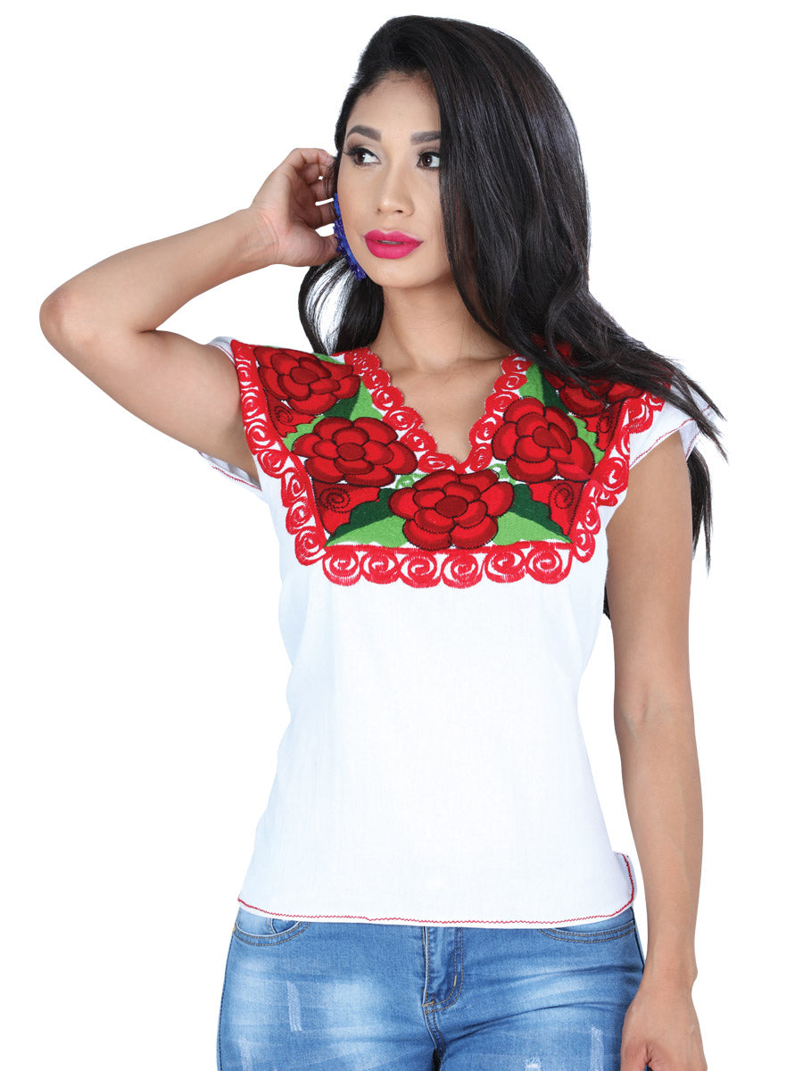 Artisanal Embroidered Blouse 100% Cotton White with Red Flowers