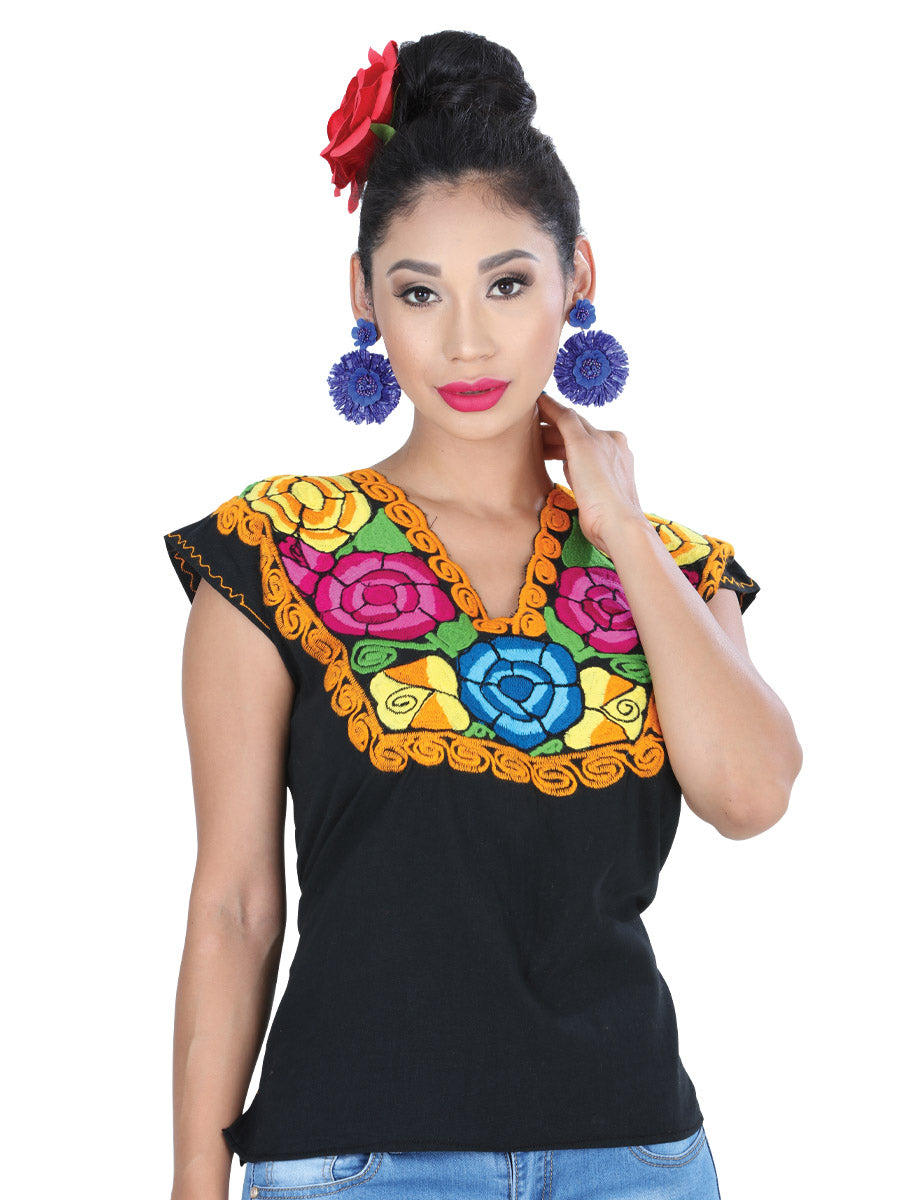 Artisanal Embroidered Blouse Cotton Black/Orange