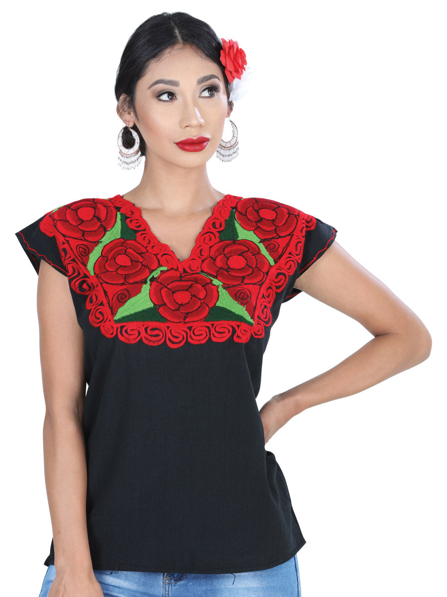 Artisanal Embroidered Blouse Cotton Black/Red