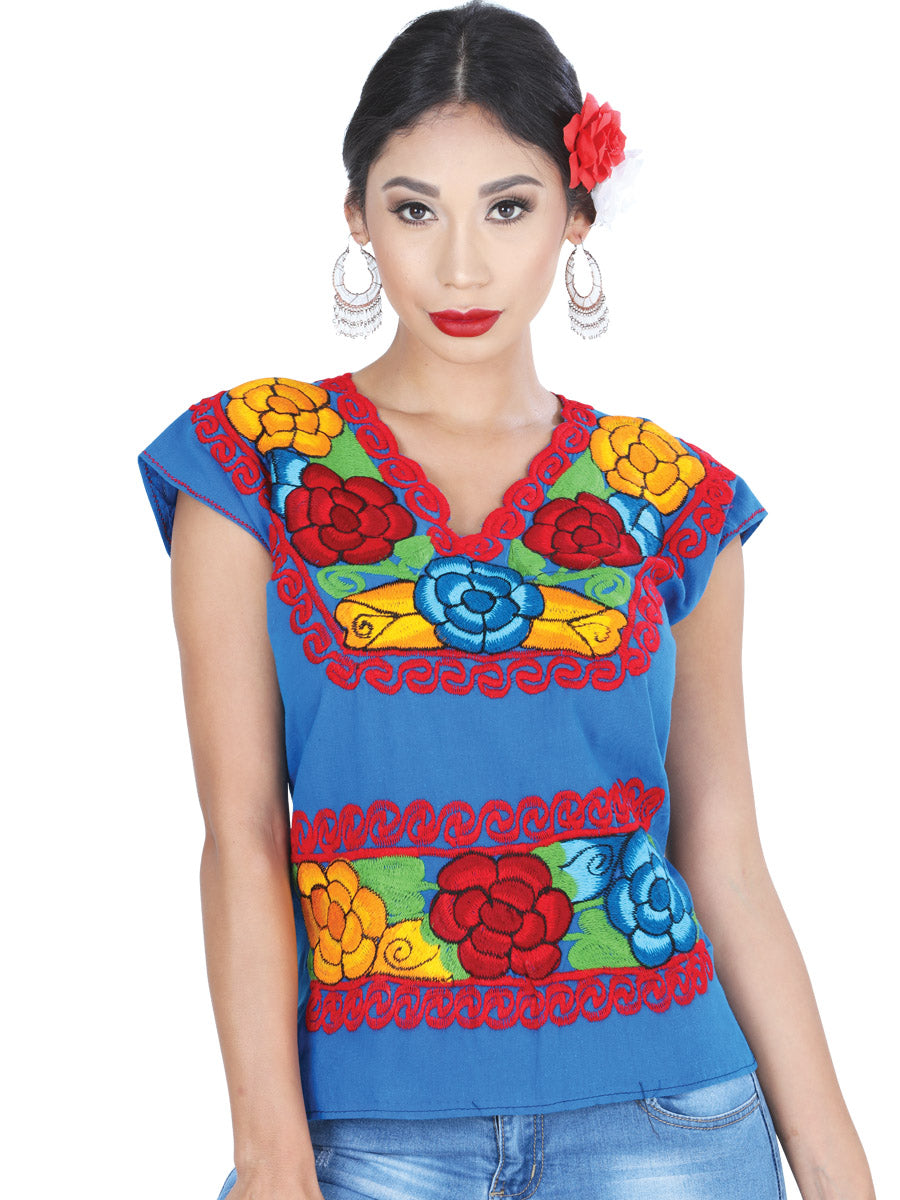 Artisanal Embroidered Blouse Floral Cotton Blue
