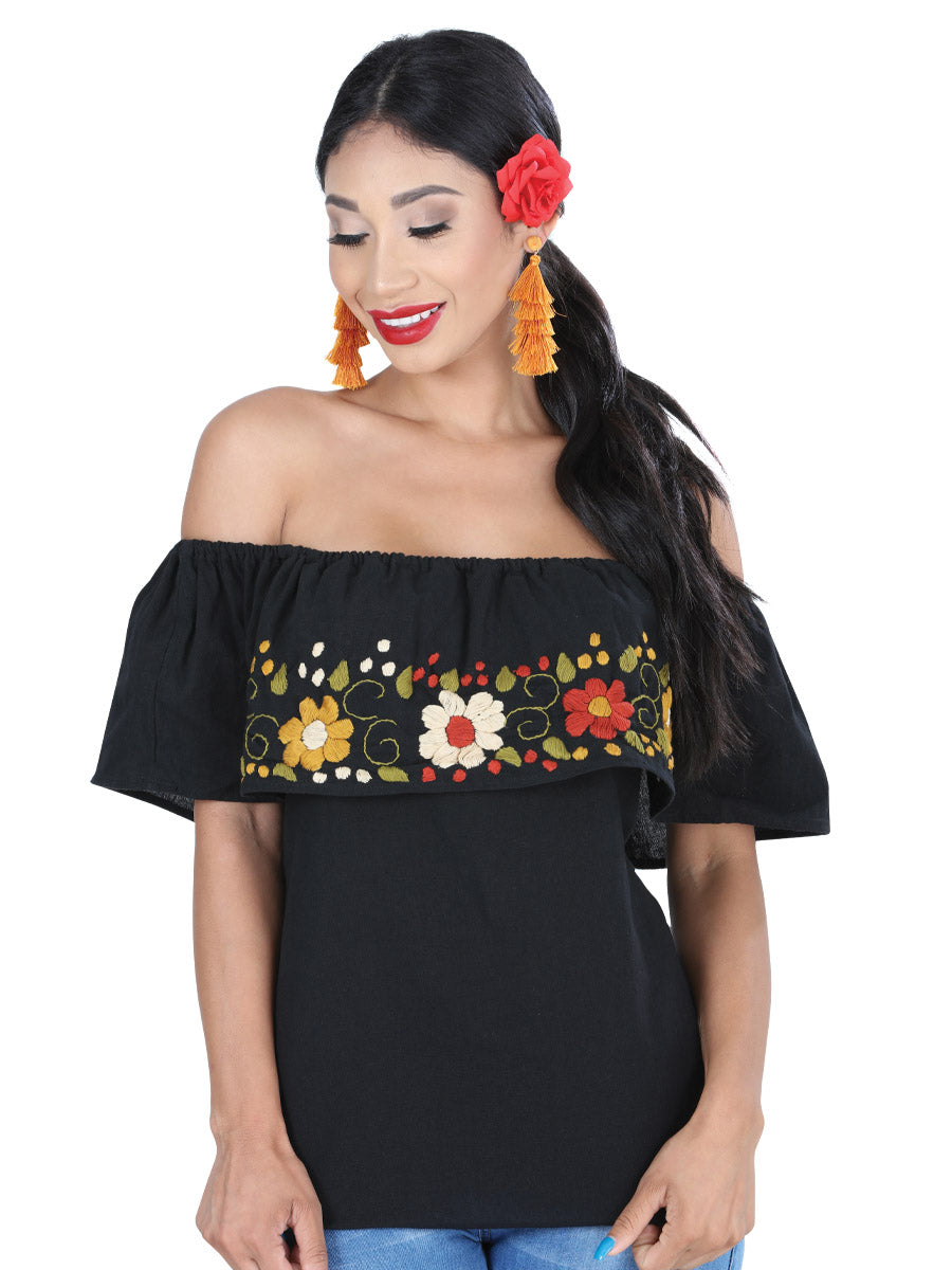 Artisanal Embroidered Blouse Cotton Polyester Black
