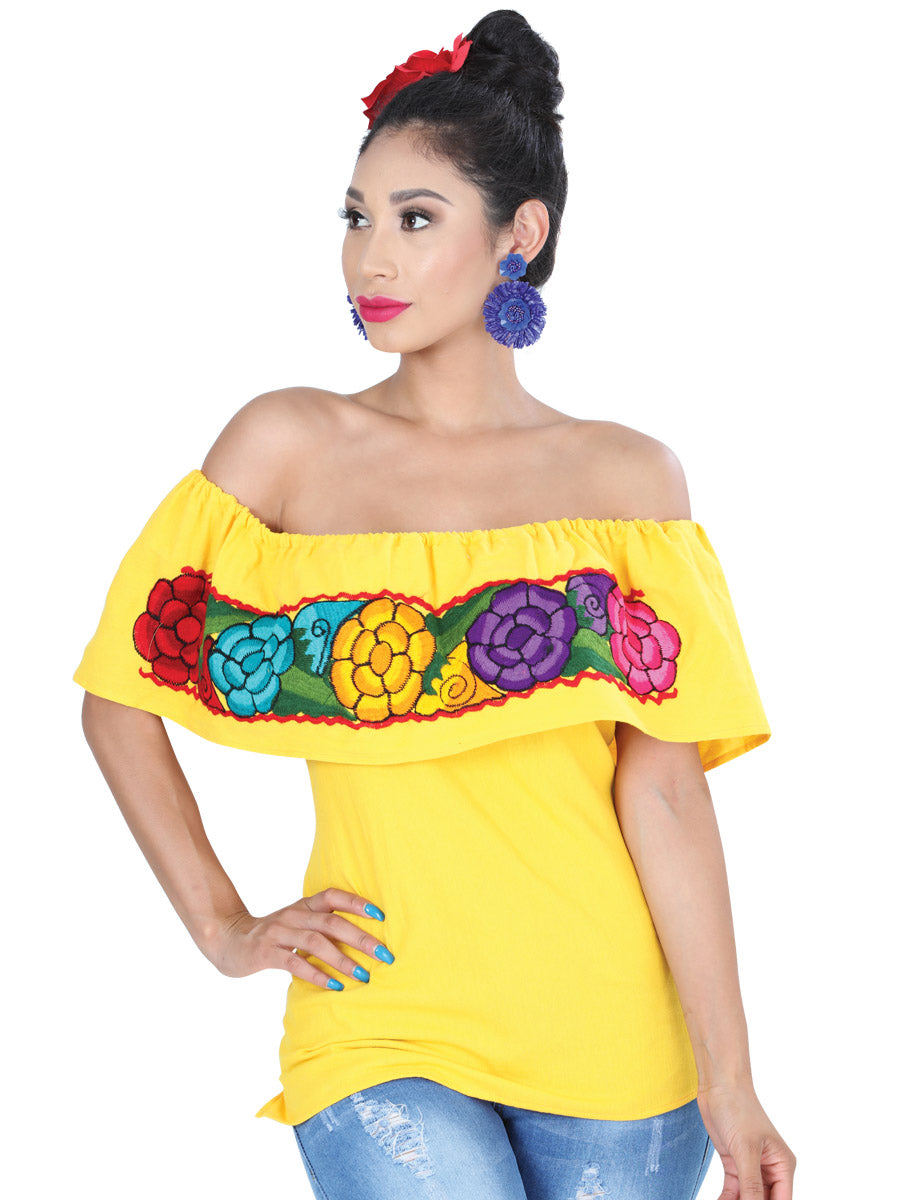Artisanal Embroidered Blouse 100% Cotton Yellow with Big Flowers