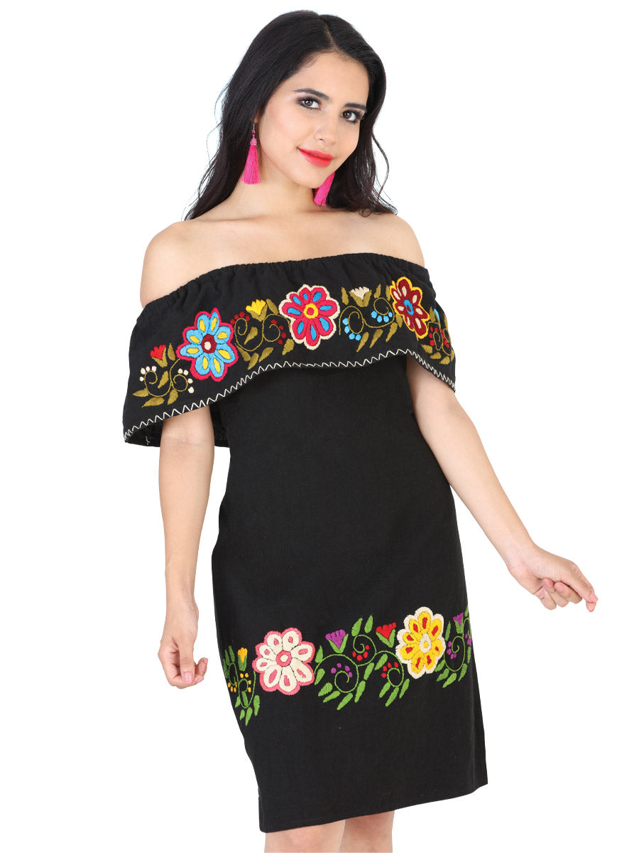 Mexican Artisanal Embroidered Black Colorful Flowers