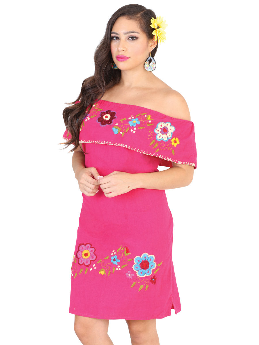 Mexican Artisanal Embroidered Dress Fuchsia with Flowers