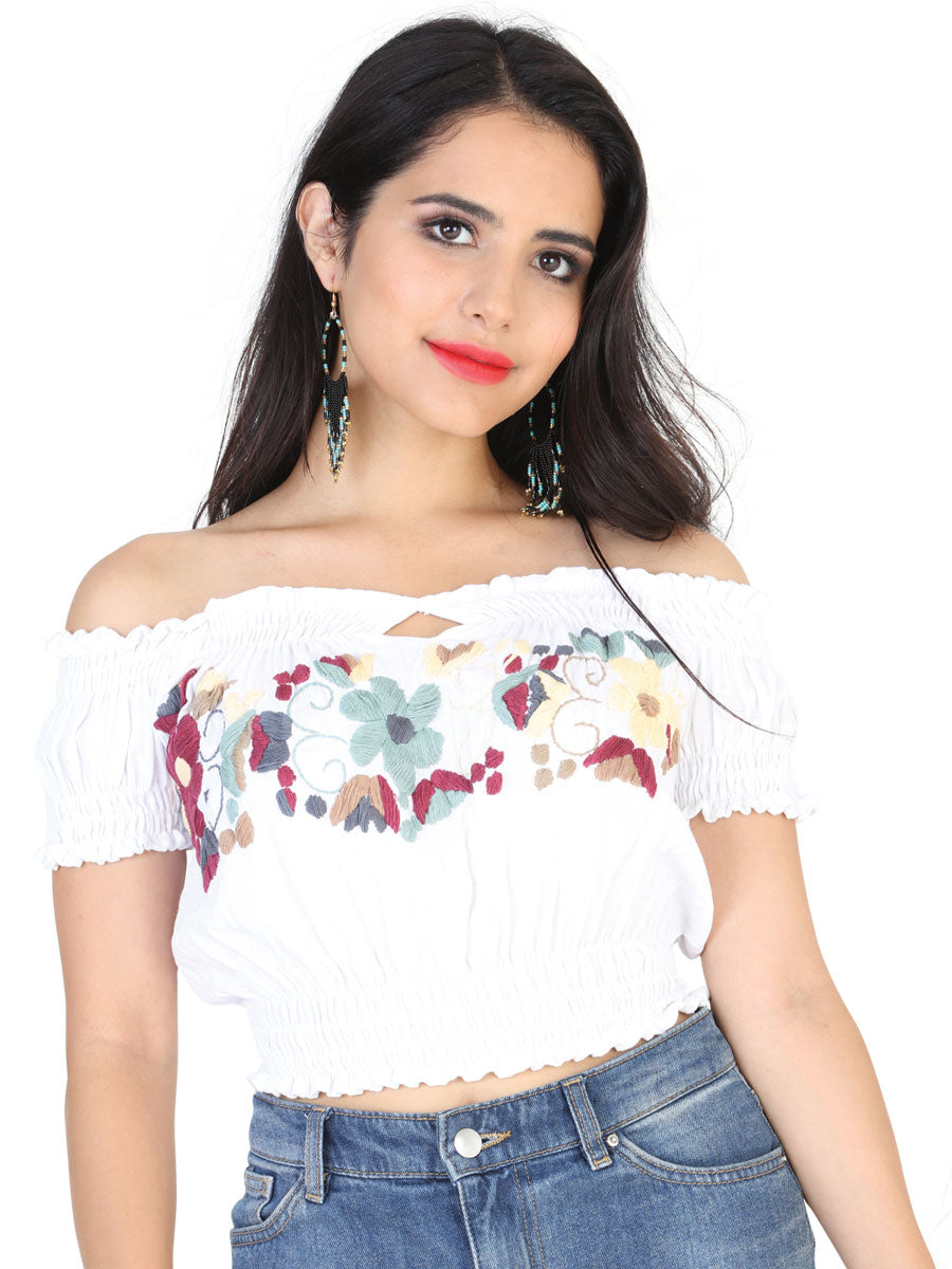 Artisanal Embroidered Blouse 100% Cotton White with blue, red and yellow flower
