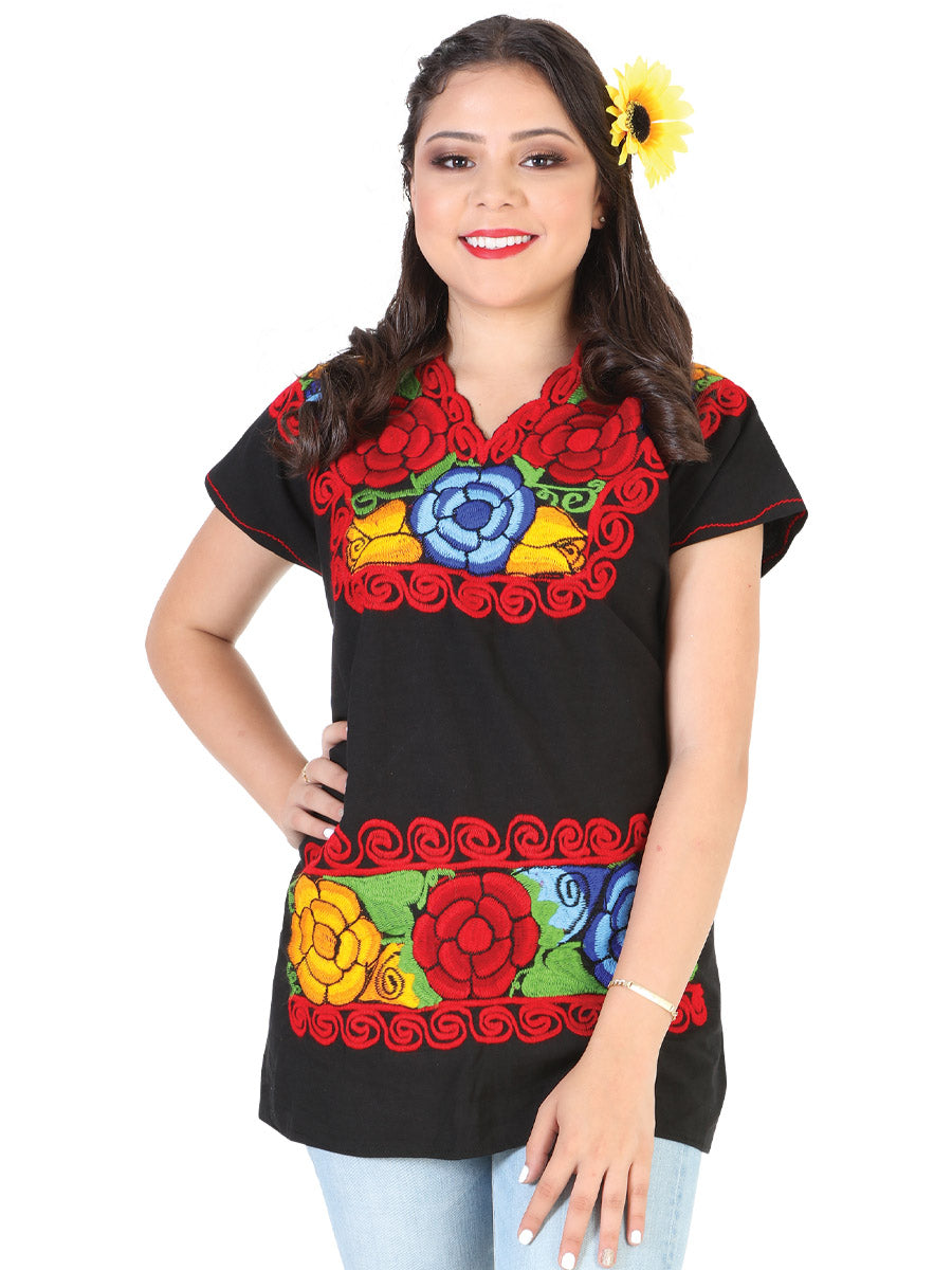 Artisanal Embroidered Blouse 100% Cotton Black