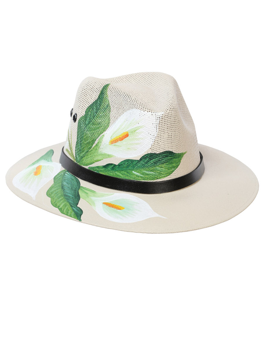Artisanal Hand Painted Calla Lily Hat 100% Palm Natural