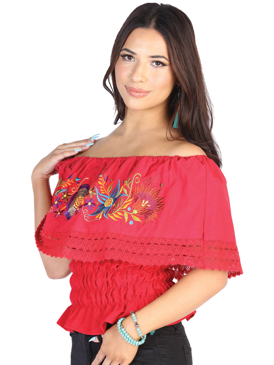 Artisanal Embroidered Blouse Cotton Polyester Red