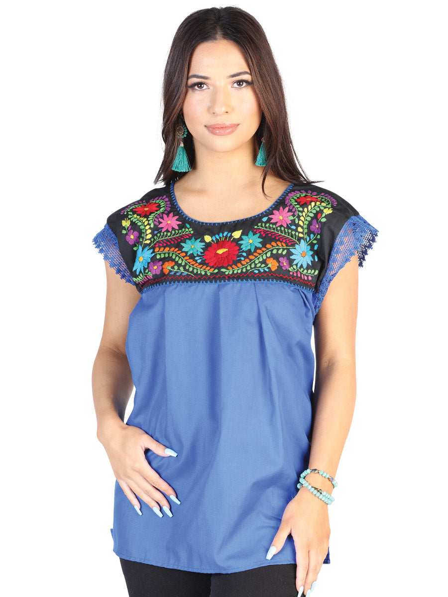 Artisanal Blouse Cotton Polyester Royal Blue