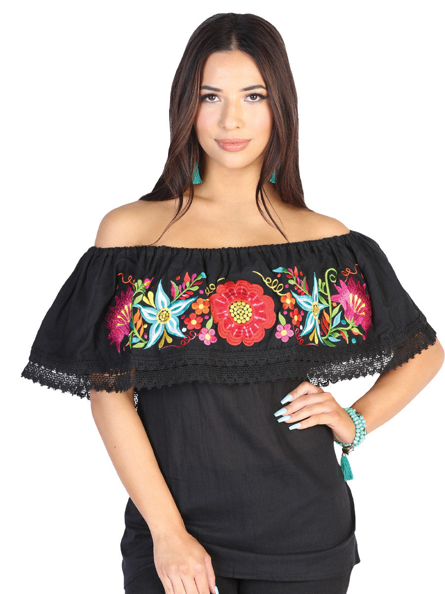 Mexican Embroidered Blouse Cotton Polyester Black