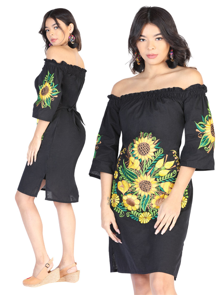 Mexican Artisanal Embroidered Dress Black Yellow Flowers