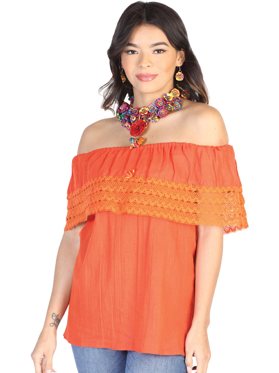 Mexican Artisanal Blouse Cotton Polyester Orange
