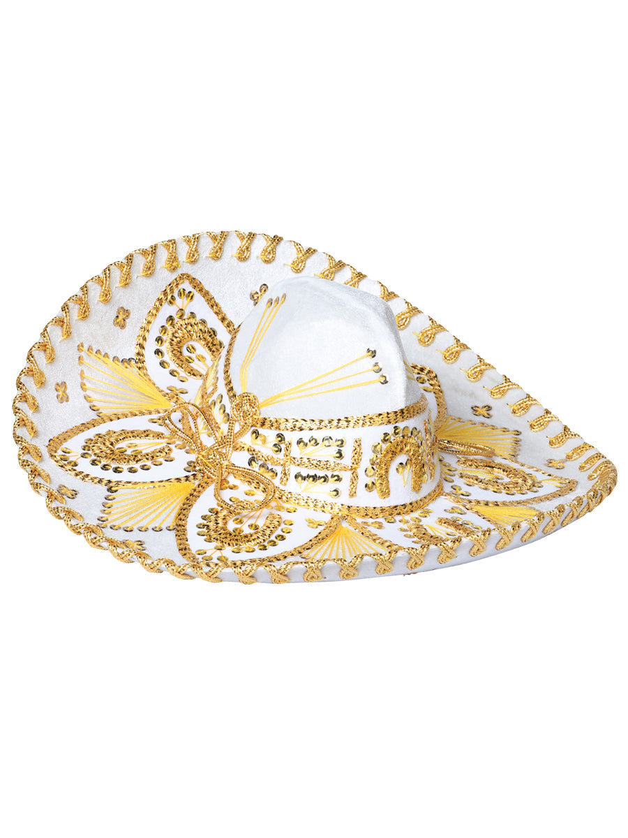 Sombrero Charro Mexicano Juvenil Terciopelo Blanco/Dorado