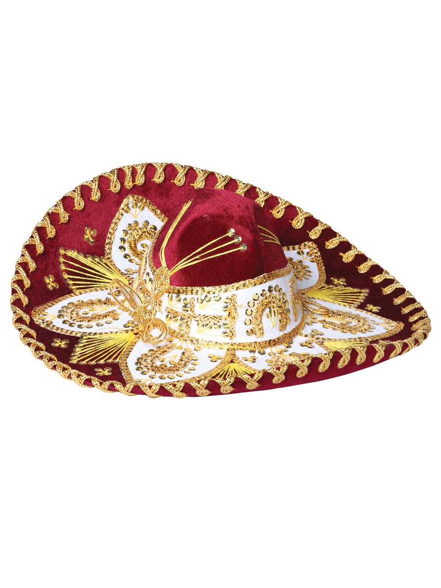 Sombrero Charro Mexicano Juvenil Terciopelo Vino/Dorado