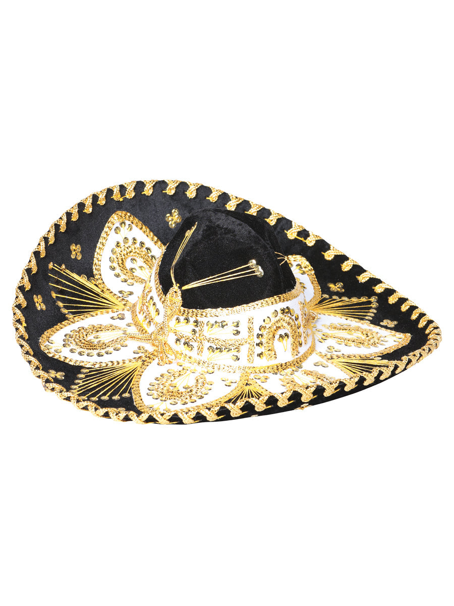 Sombrero Charro Mexicano Juvenil Terciopelo Negro/Dorado
