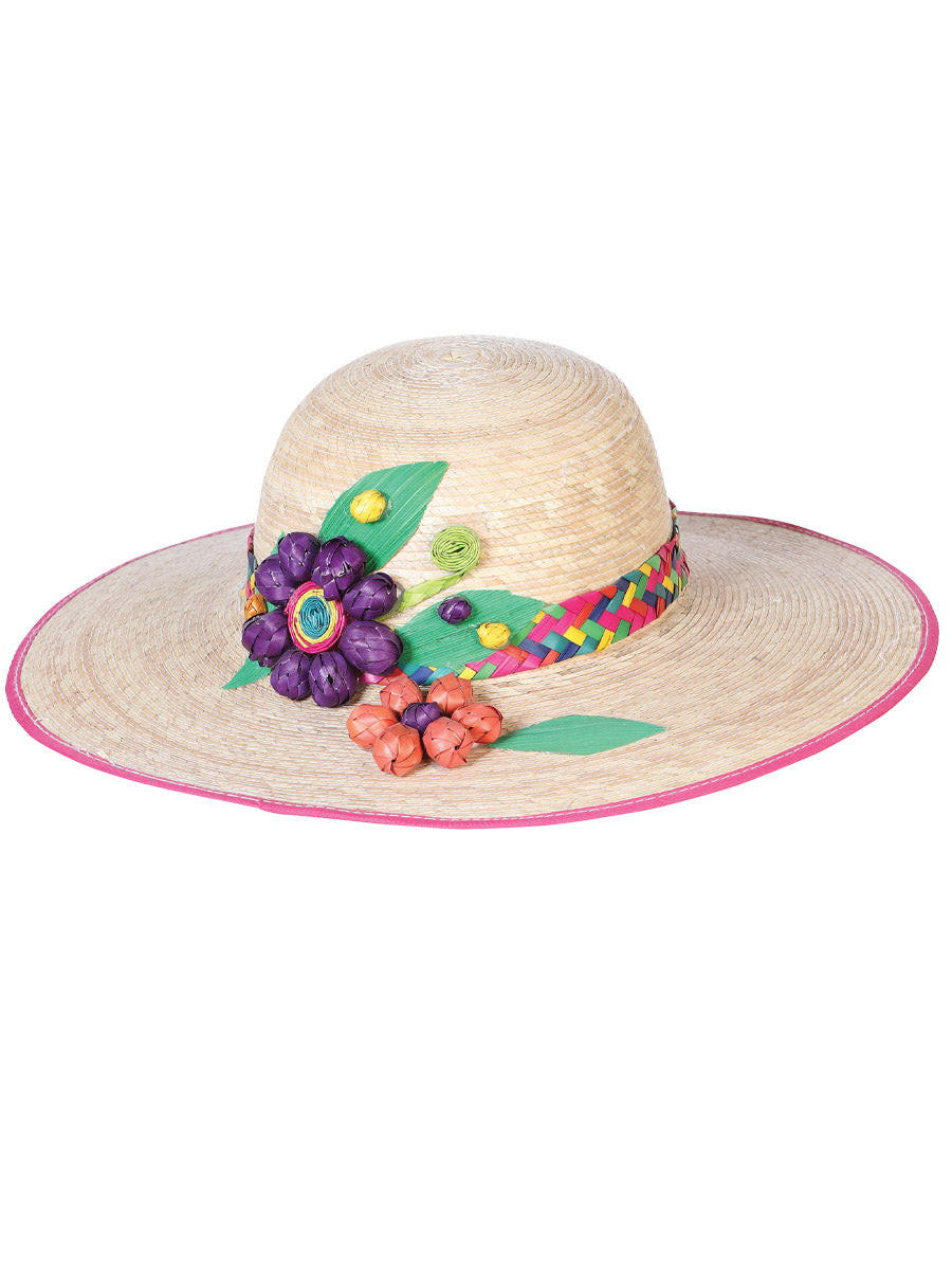 Artisanal Mexican Decorated Hat With Flowers 100% Palm Multicolor