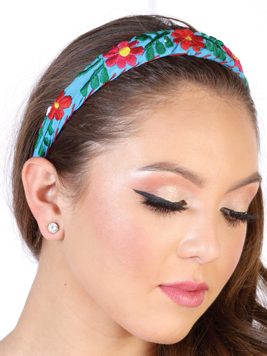 Diadema bordada artesanal de algodón azul