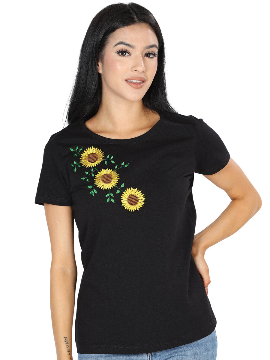 Artisanal Embroidered T-Shirt Black Sunflower