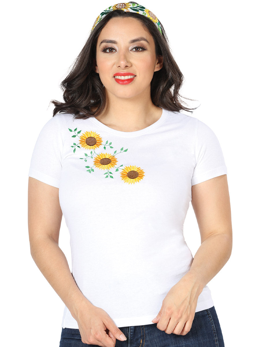 Artisanal Embroidered T-Shirt White Sunflower