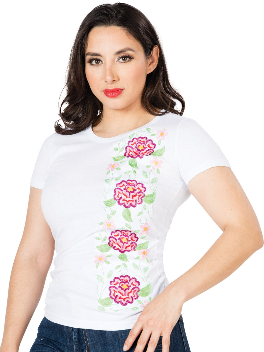 Artisanal Embroidered T-Shirt White Roses