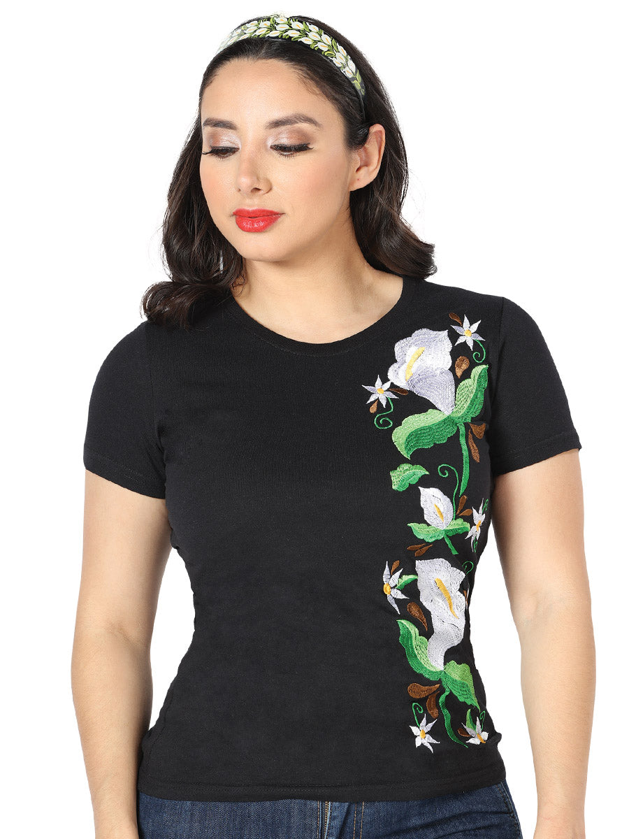Artisanal Embroidered T-Shirt Black Lilies