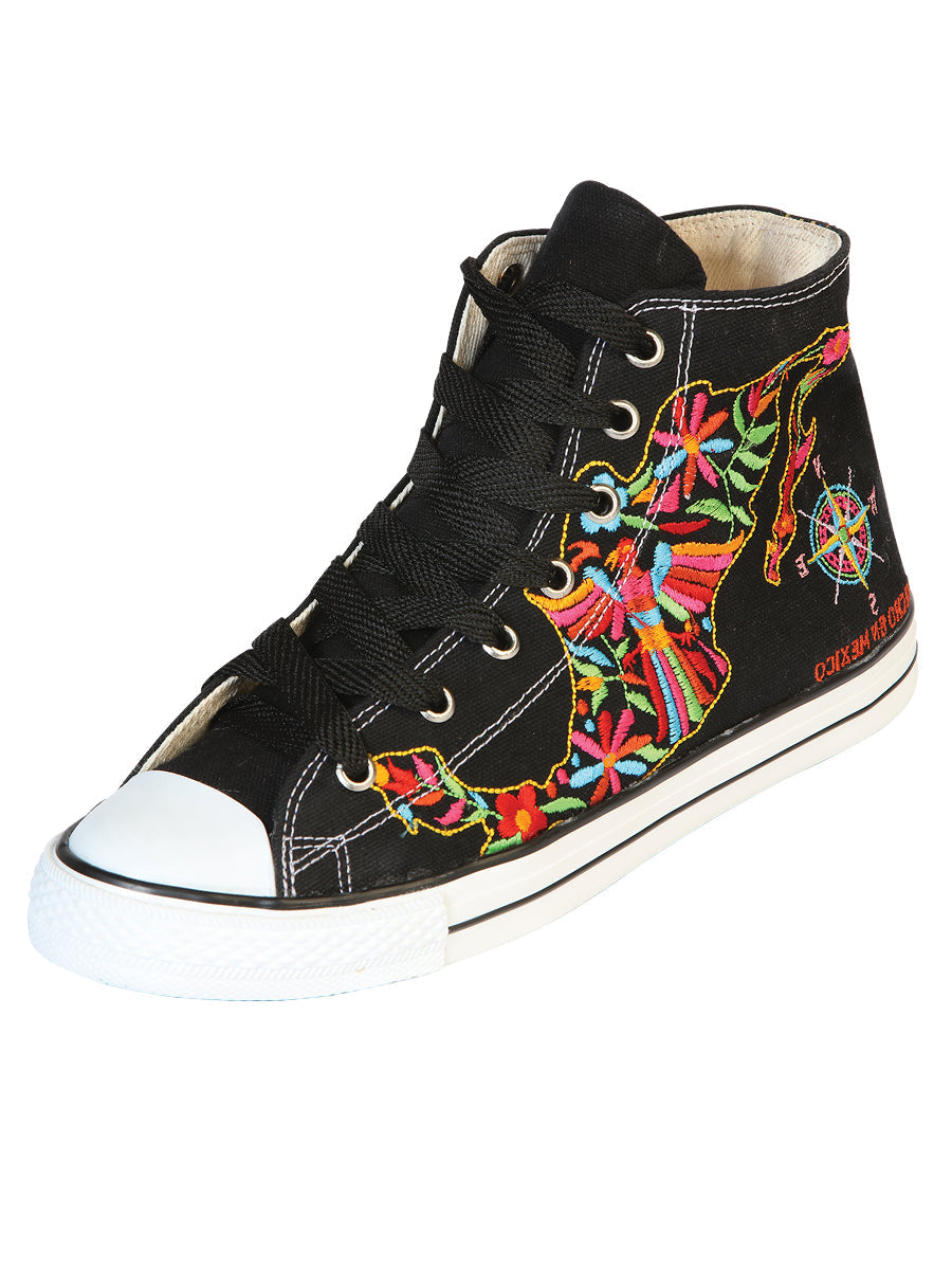 Artisanal Embroidered Sneakers Textile Canvas Black