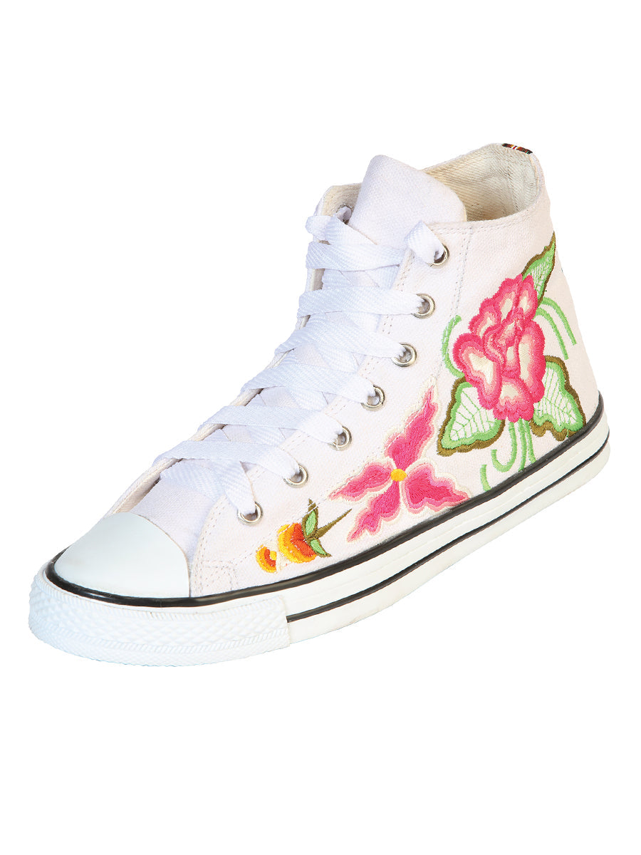 Artisanal Embroidered Sneakers Textile Canvas White