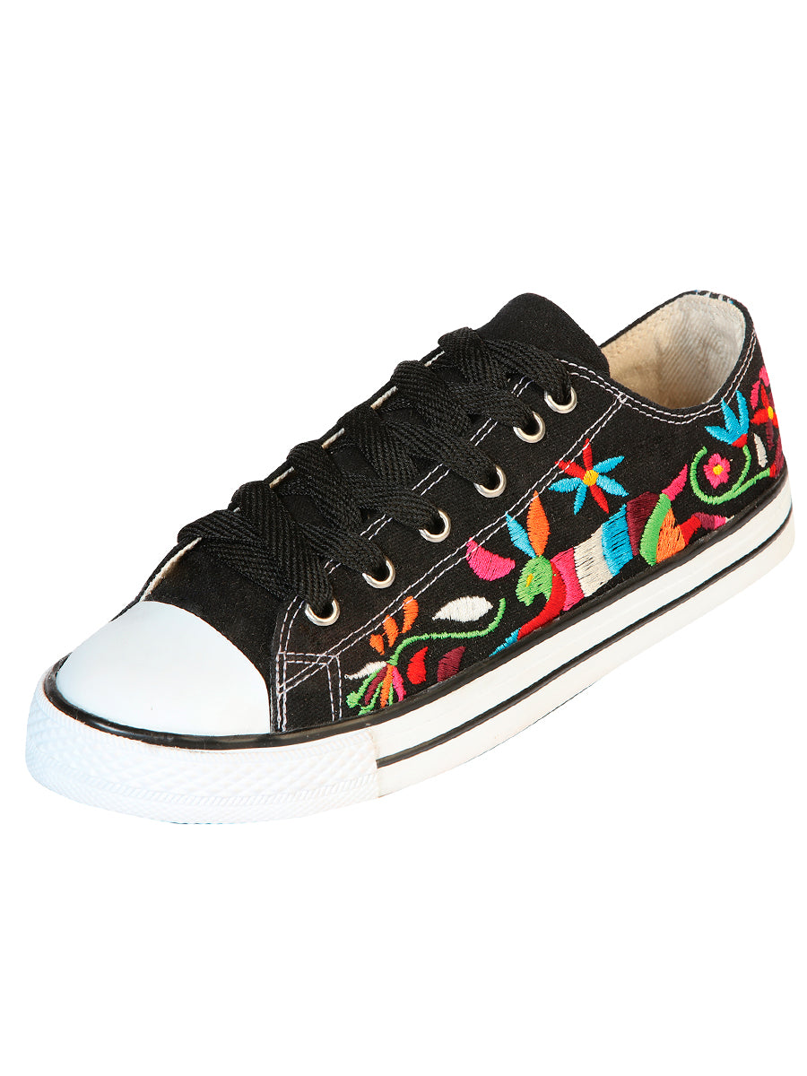 Artisanal Embroidered Sneakers Textile Canvas Black