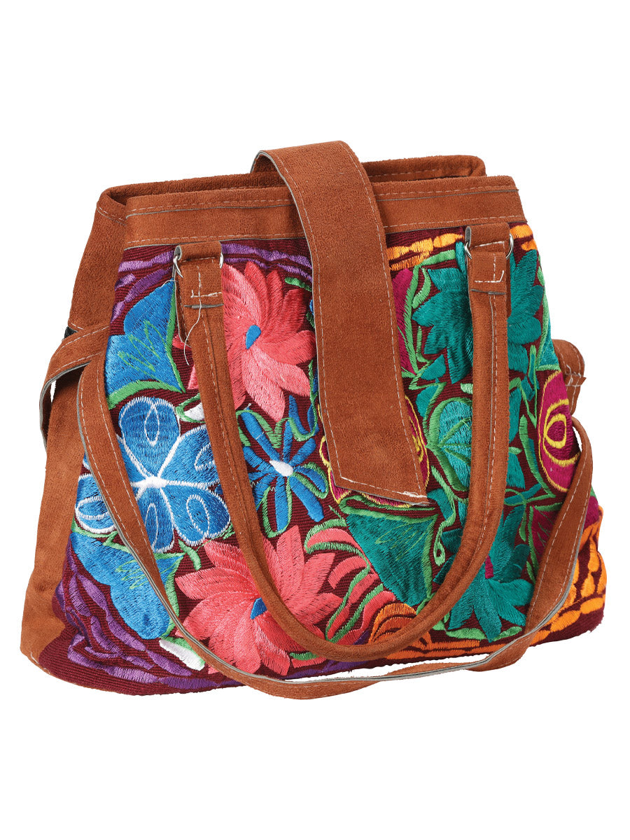 Artisanal Embroidered Suede Bag Brown Multicolor Mod. 602923