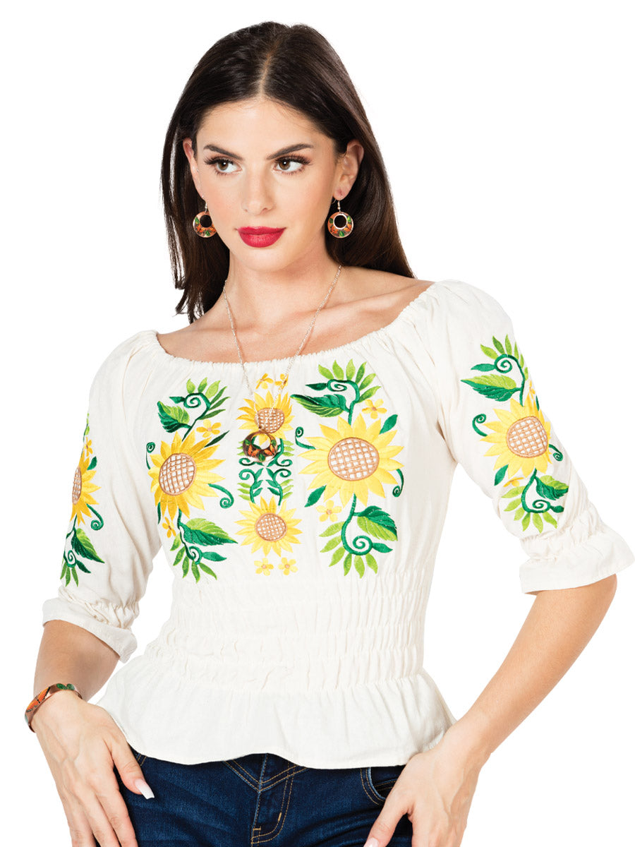 Artisanal Embroidered Blouse 100% Cotton Beige with Sunflowers