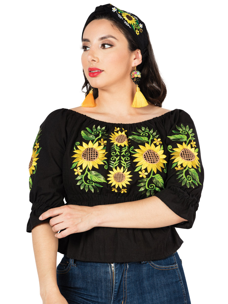 Artisanal Embroidered Blouse 100% Cotton Black