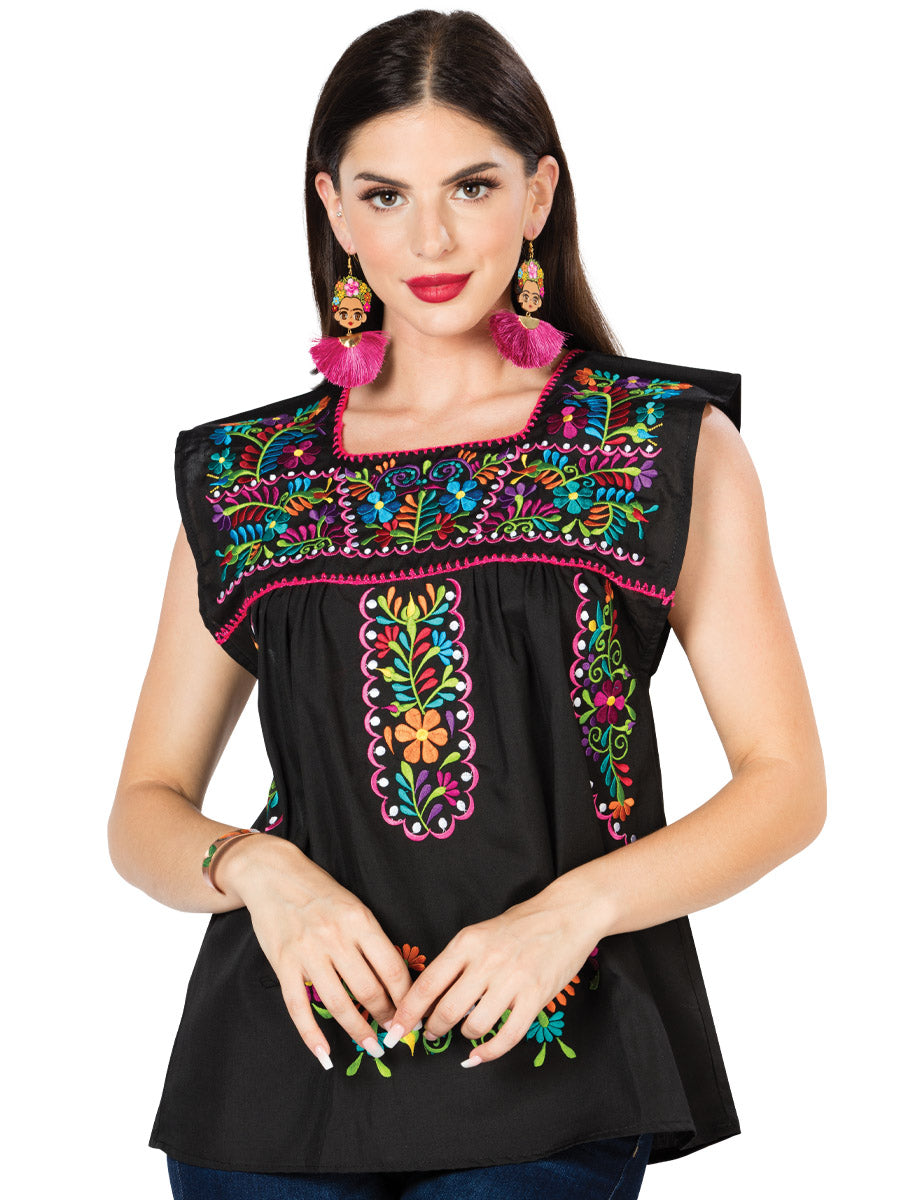 Artisanal Embroidered Blouse 100% Cotton Black