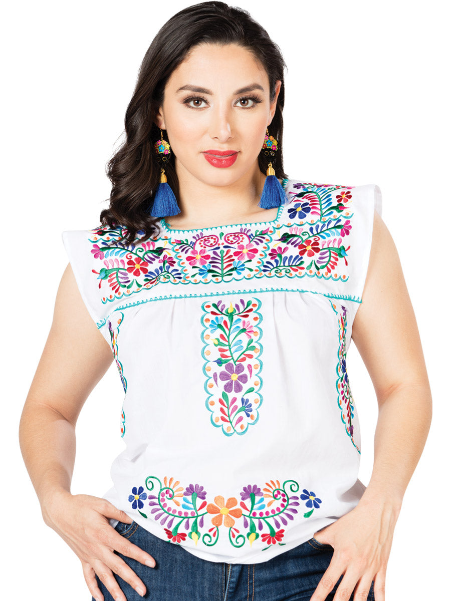 Artisanal Embroidered Blouse 100% Cotton White Embroidery in Colorful Flowers and Blue details