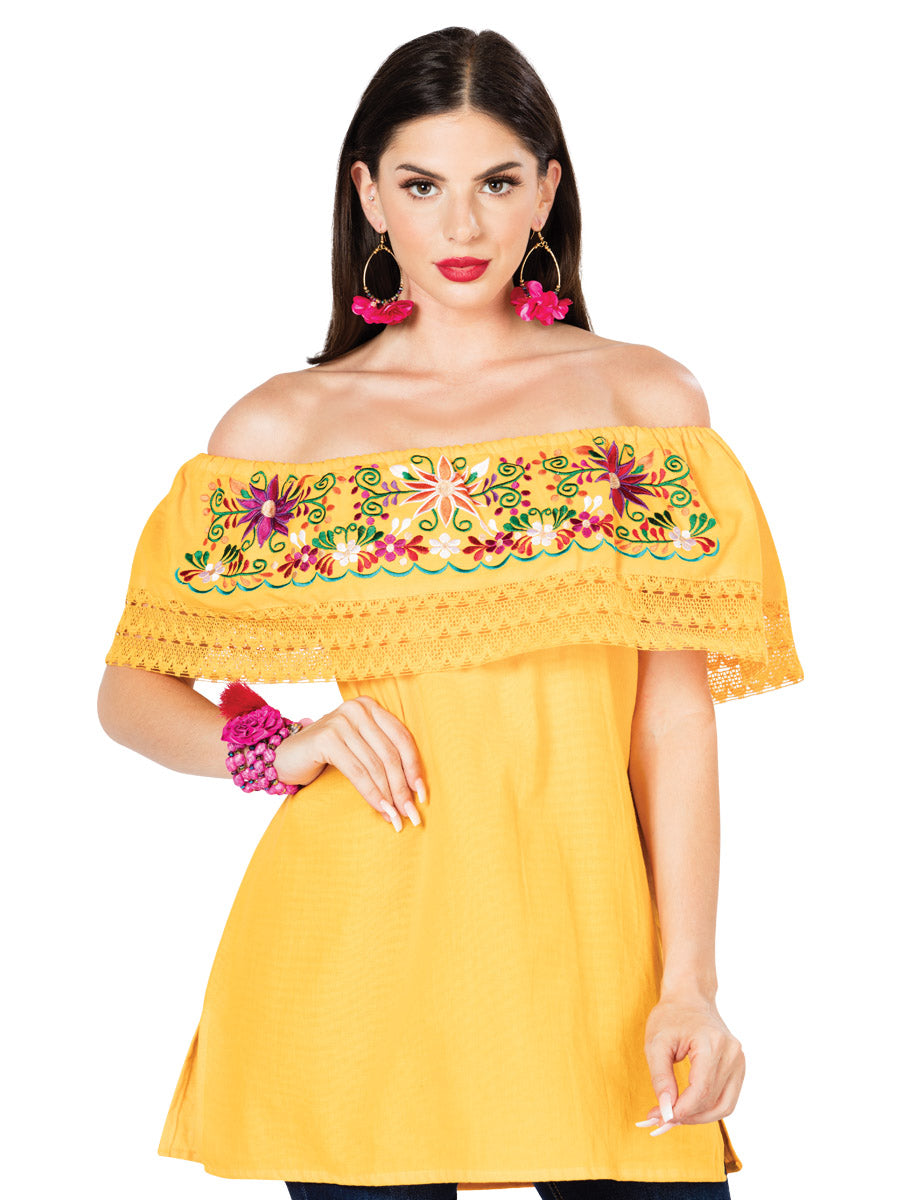 Artisanal Embroidered Blouse Floral Cotton Yellow